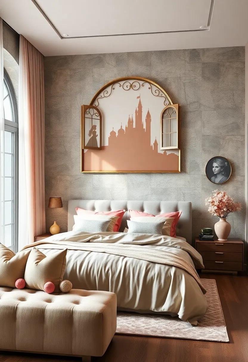 Royal-Themed Wall Art with Silhouettes of Princesses and Castle Windows in Soft Neutral Tones
