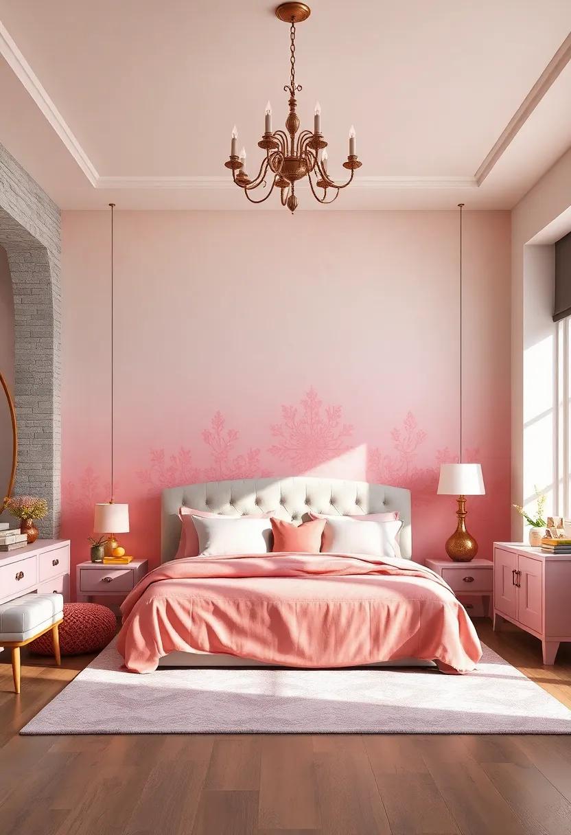 Soft Pink and Cream Ombre Wallpaper Invoking a Gentle Sunset Glow Through the Bedroom