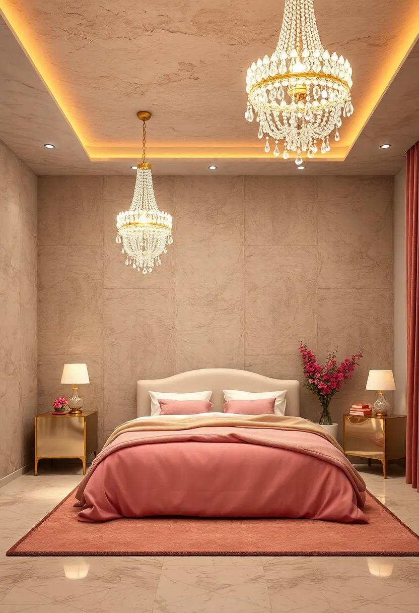 Sparkling Crystal Chandeliers Casting Magical Glows Over Elegant Princess-Themed Bedroom Corners