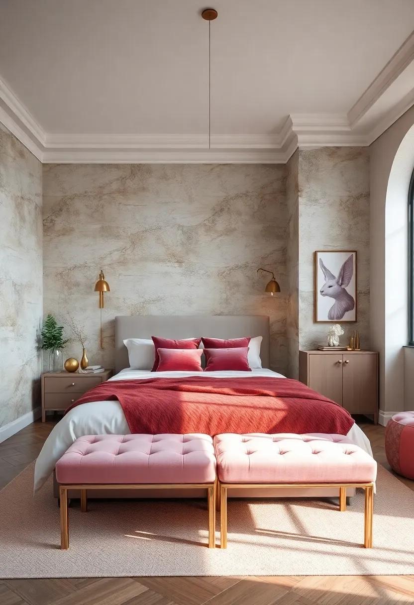 Velvet Upholstered Benches at the Foot of the Bed for a Touch of Sophistication and Comfort