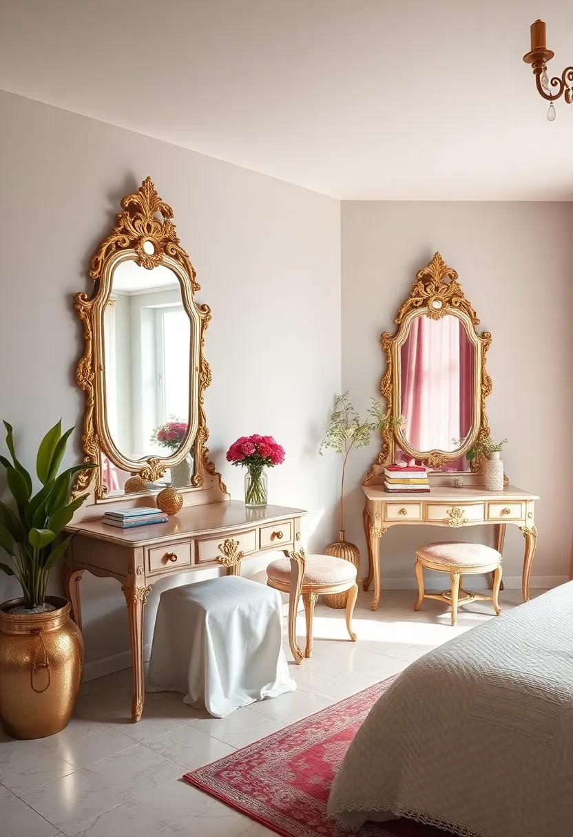 Vintage Vanity Tables with Ornate Mirrors Reflecting a Charming Royal Ambiance