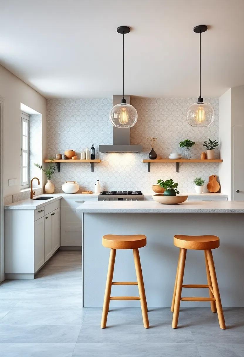 The Cozy Glow of Natural Wood Stools Complementing Pale Stone Worktops for Perfect Nordic Kitchen Ambiance