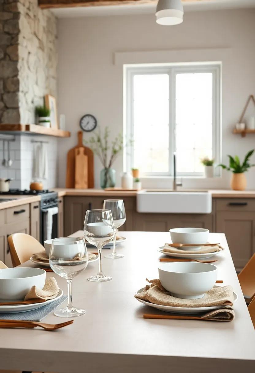 Elegant Scandinavian Table Settings Depicted With Simple White Dishes, Wooden Utensils, and Linen Napkins for Authenticity