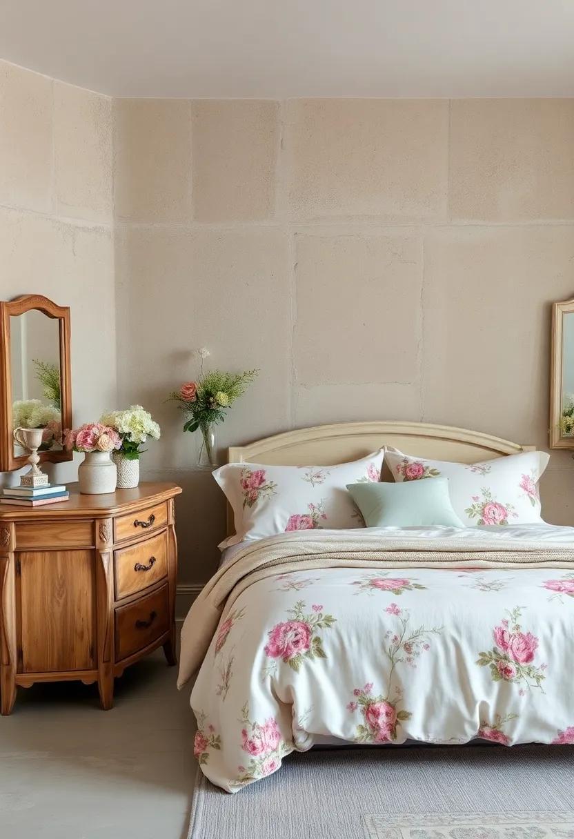 Cozy Bedroom Retreat Featuring Soft Pastel Floral Bedding Paired With Vintage Distressed Wood Furniture