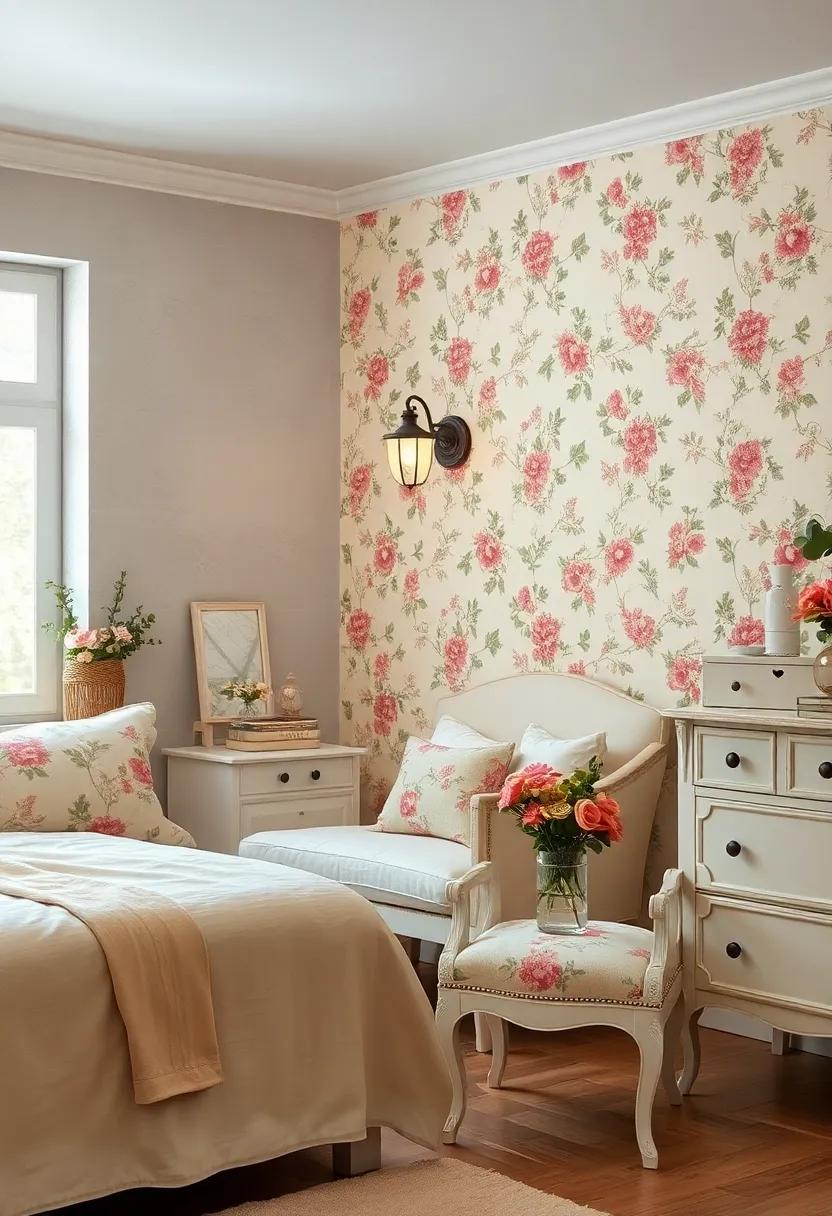 A Vintage Sconce Lighting A Cozy Corner With Floral Wallpaper Patterns And Chipped Cream Painted Furnishings