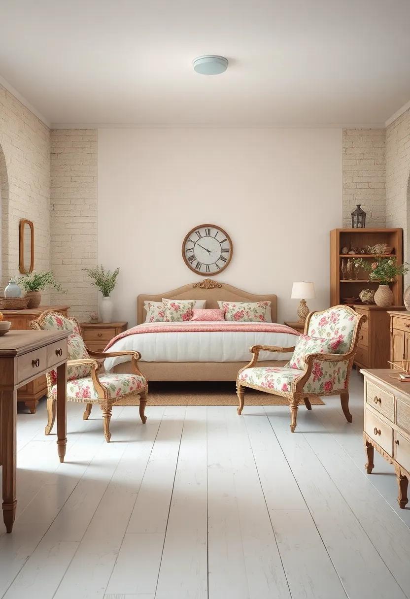 Smooth Whitewashed Floors Beneath A Cluster Of Mismatched Distressed Chairs Upholstered In Floral Fabrics