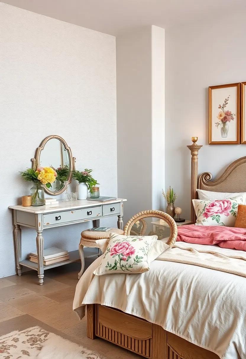 A Shabby Chic Bedroom Corner With A Vintage Vanity Table, Embroidered Chair Cushion, And Floral Wall Art