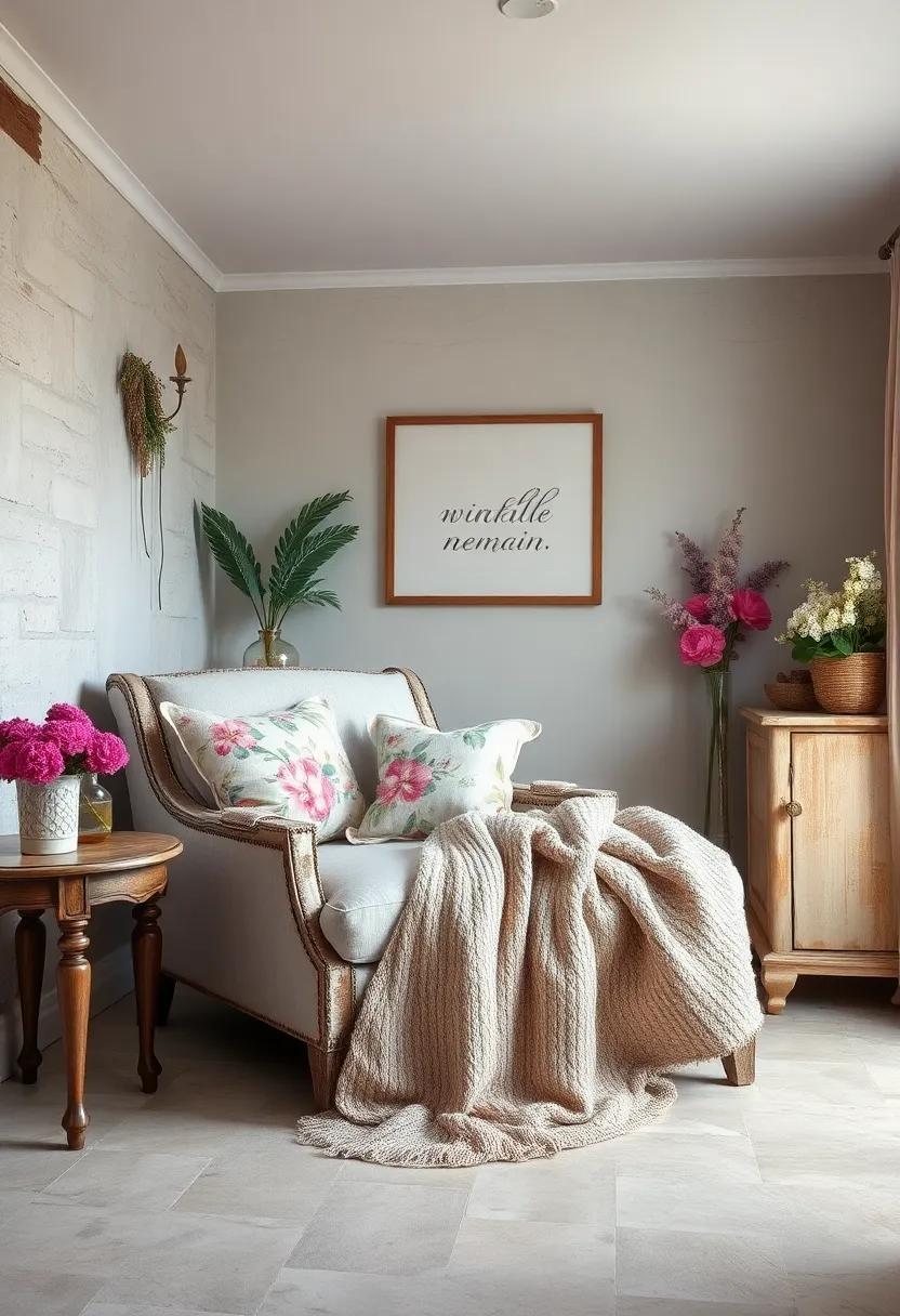 A Cozy Reading Nook Created By A Distressed Armchair Draped With Floral Cushions And Soft Knit Throws