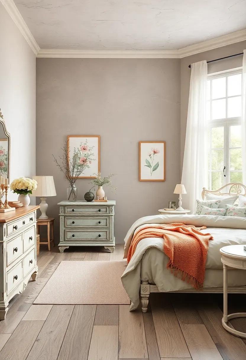 Soft Muted Tones Of Cream, Blush, And Sage Blending Seamlessly With Chipped Paint Furniture And Botanical Prints