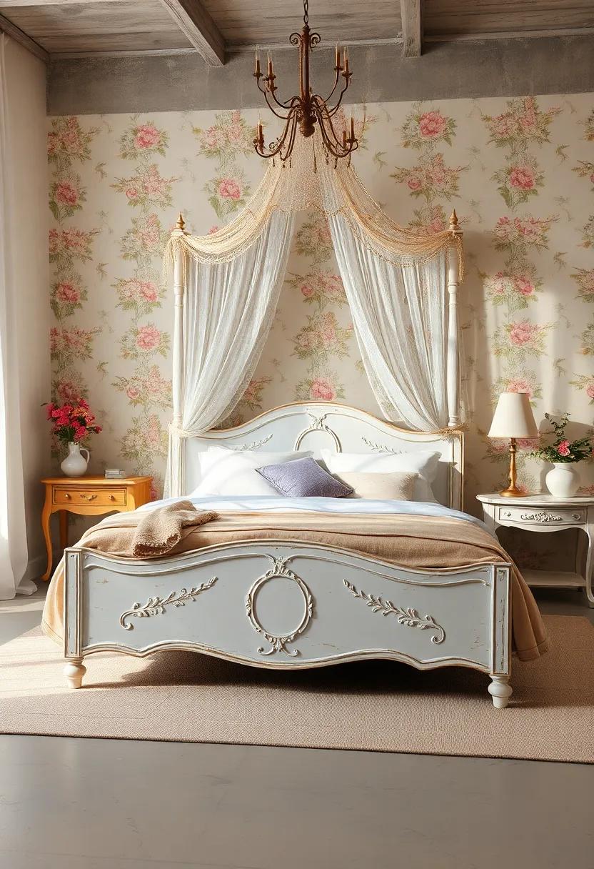 Worn Whitewashed Bed Frame With Delicate Lace Canopy Set Against A Muted Floral Wallpaper Background
