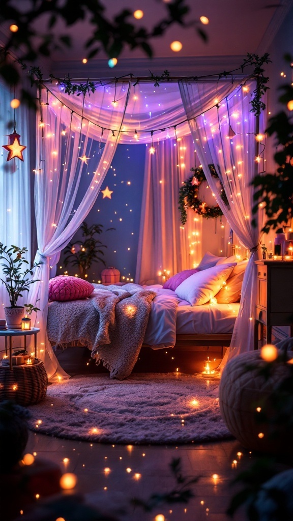 Cozy bedroom with a canopy bed adorned with fairy lights and surrounded by plants and soft decor.