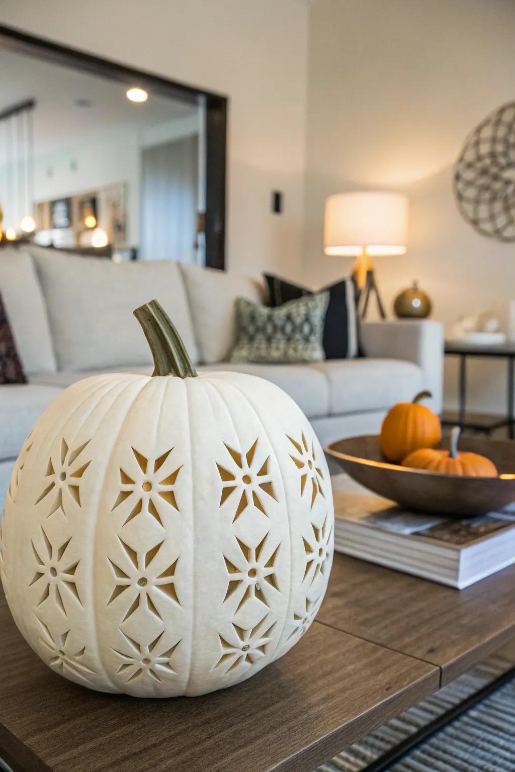 Contemporary white pumpkin carved with geometric shapes