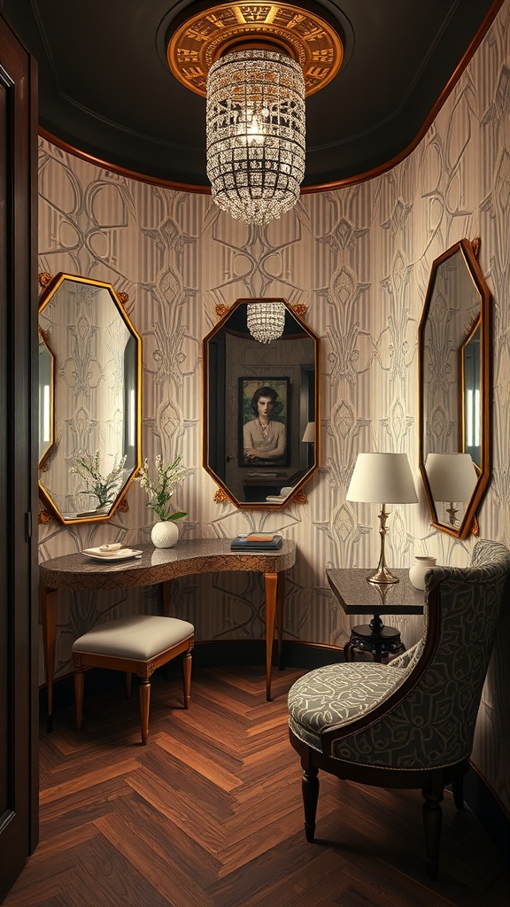 Sophisticated vintage dressing room showcasing Art Deco features such as a crystal chandelier, decorative mirrors, and elegant furnishings.