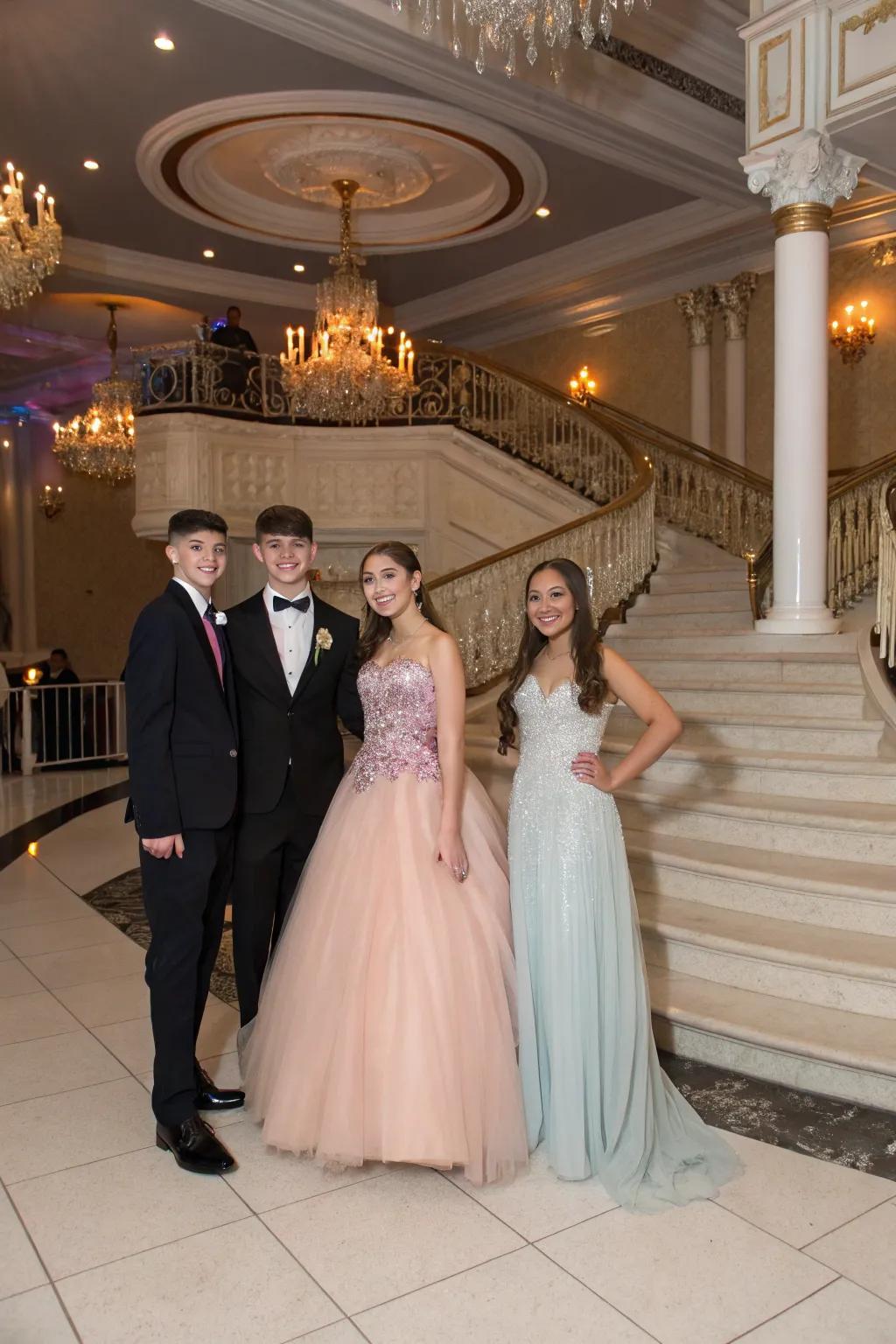 Teenagers dressed elegantly for a sweet sixteen party.