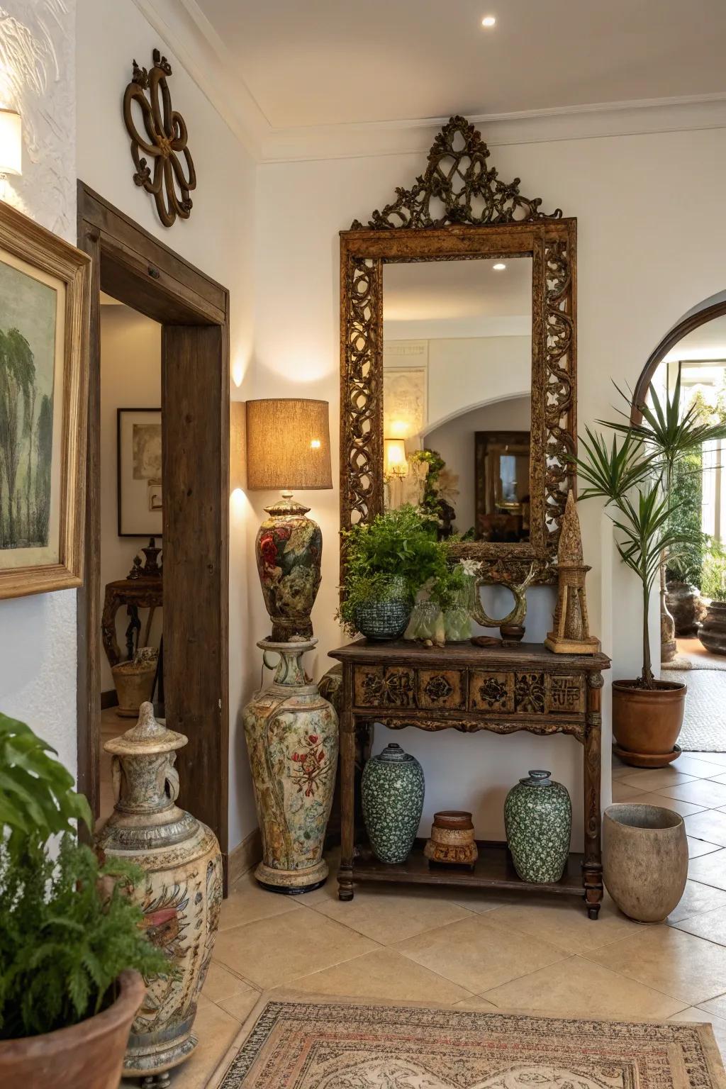 Vintage decor brings charm and history to entryway walls.