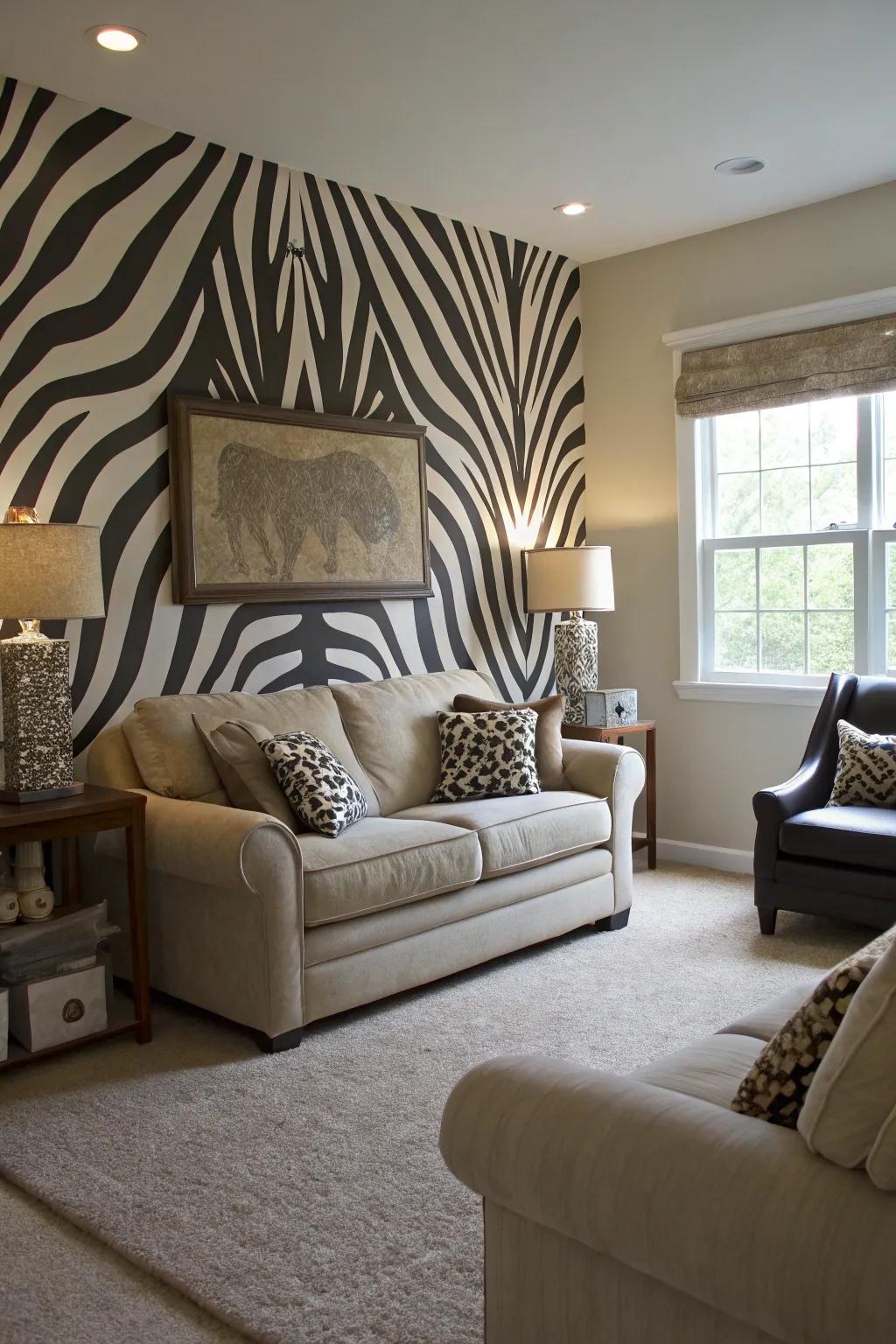 Living room with a striking zebra-patterned feature wall dominating the space.