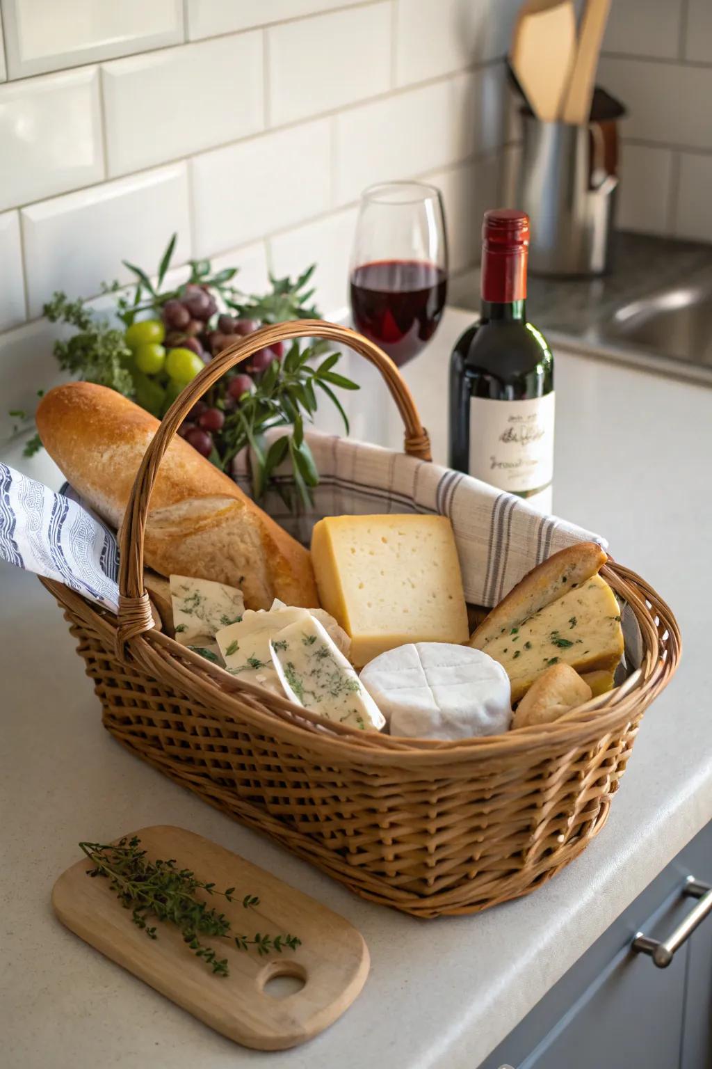 Elegant kitchen baskets filled with gourmet delights.