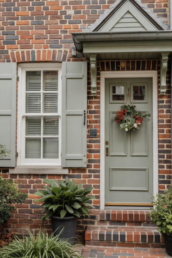 Muted Sage Green with red brick