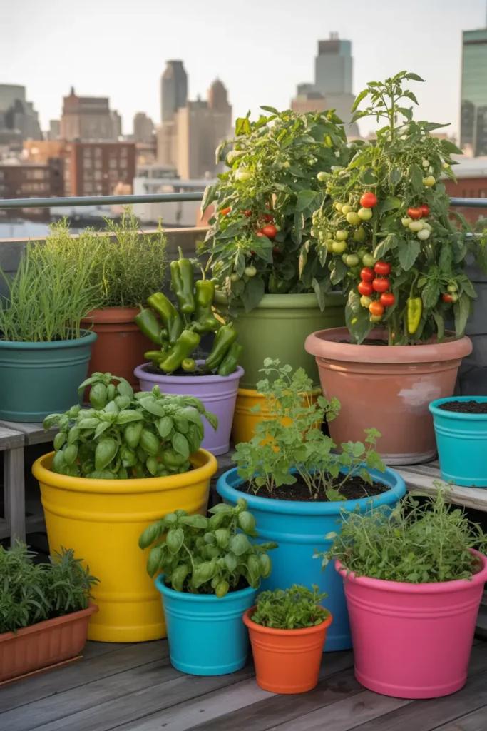 Different sized containers for rooftop garden