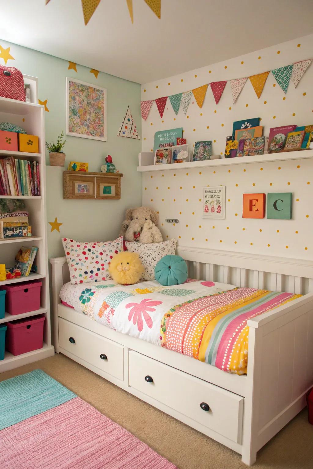 A whimsical corner bed designed as a playful kids' retreat.