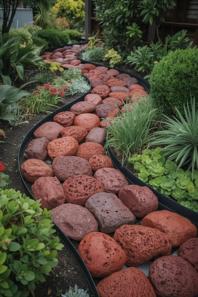 Red lava rock garden path