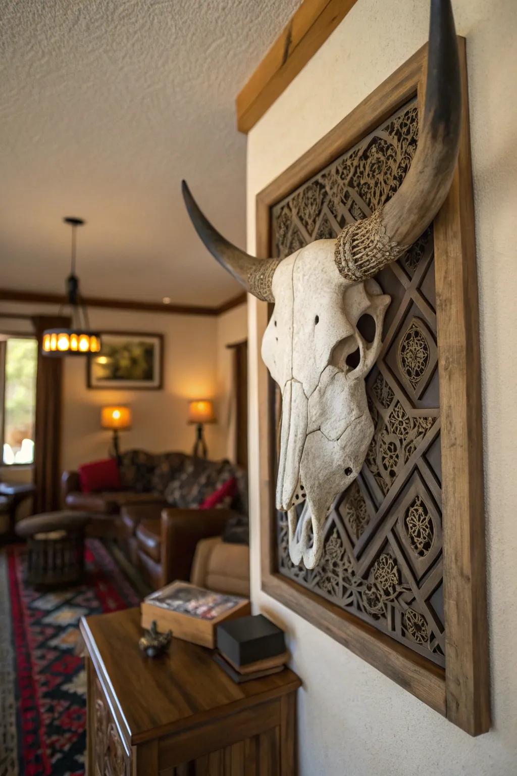 Detailed cow skull art as a striking wall centerpiece.