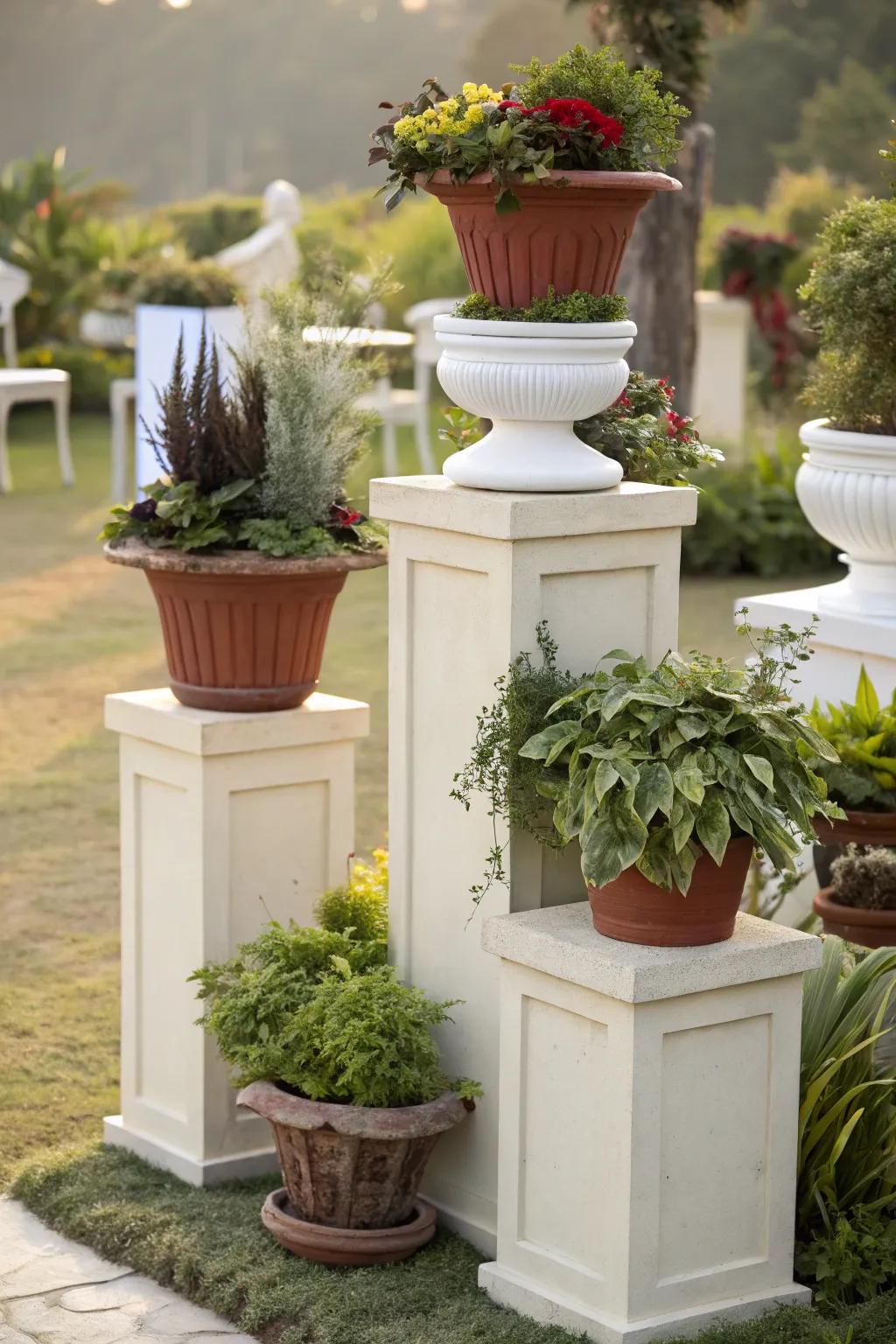 Enhance your garden's visual appeal with multi-level pot arrangements.