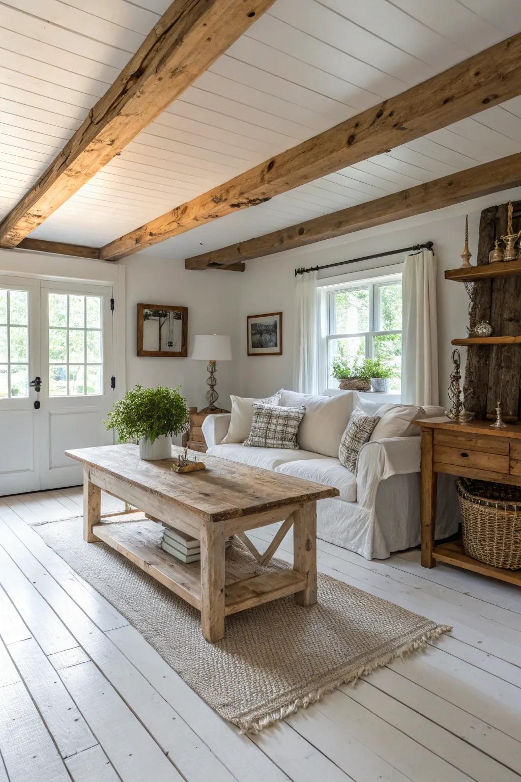 Rustic accents create a warm contrast against white wood floors.