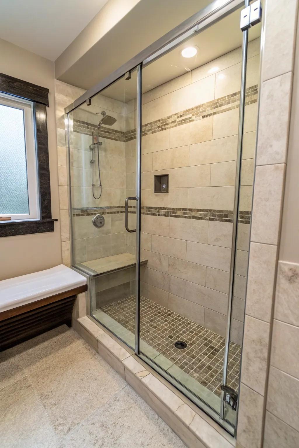 Shower stall with a built-in seat for added relaxation and convenience.