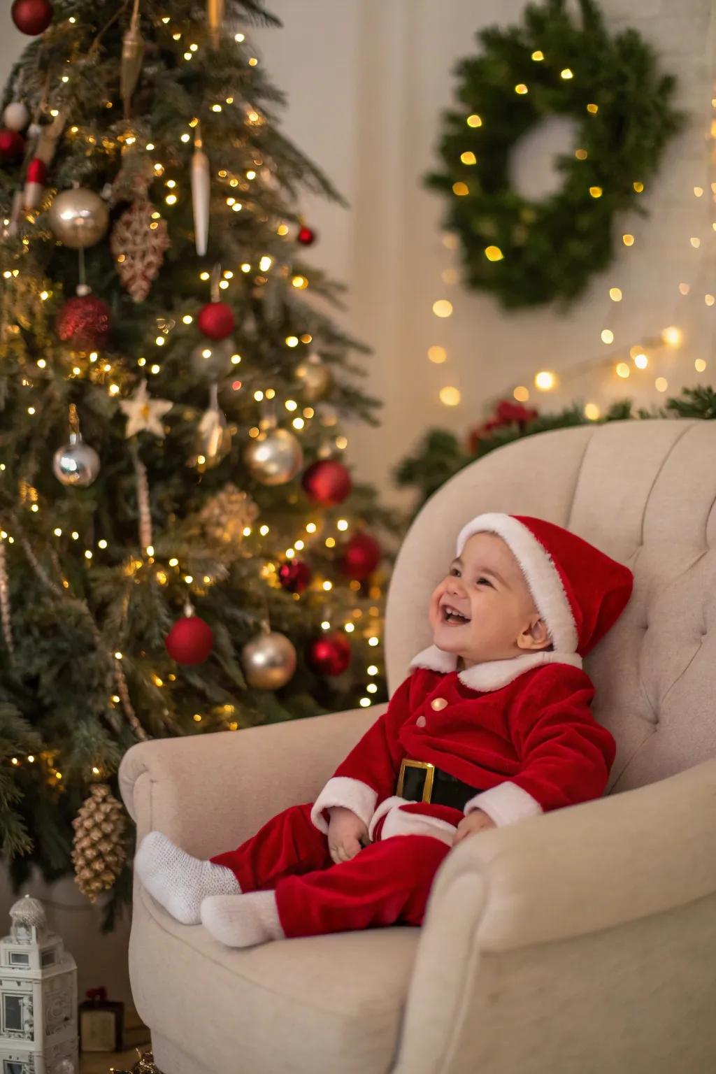 Adorable baby dressed as Santa spreading holiday cheer.