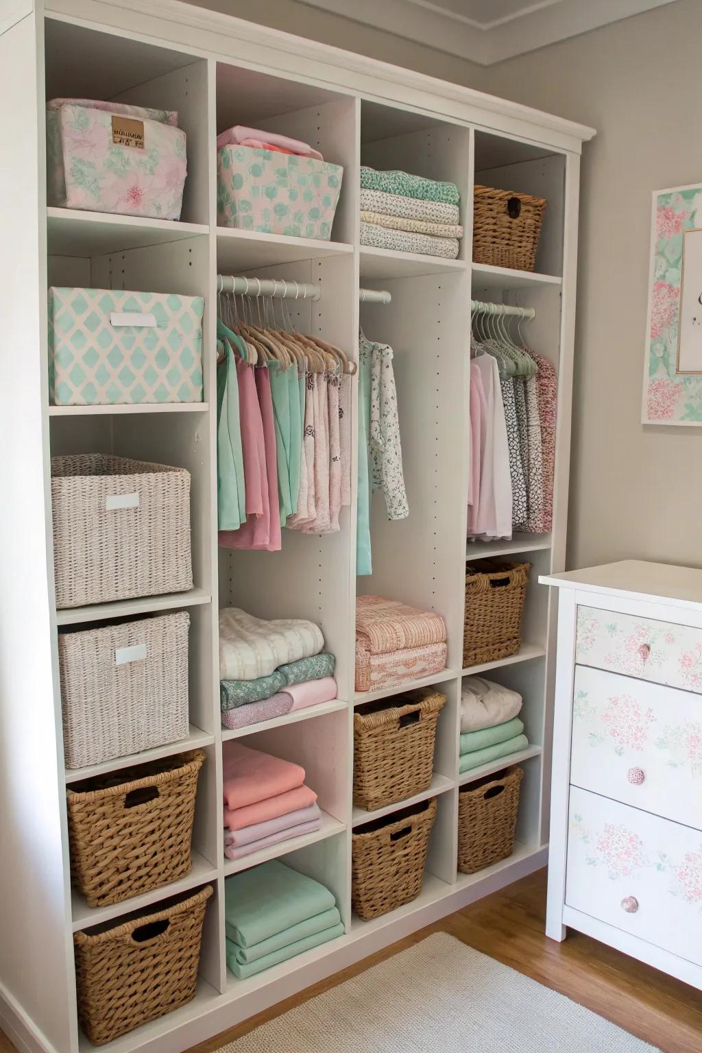 Nursery closet featuring modular cubbies and baskets for streamlined storage.