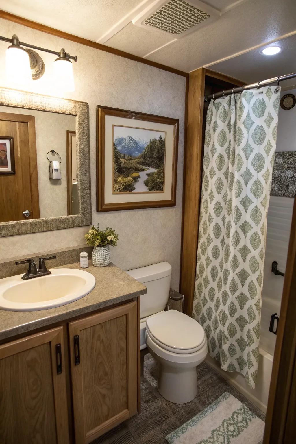 Artistic elements add personality and charm to your RV bathroom.