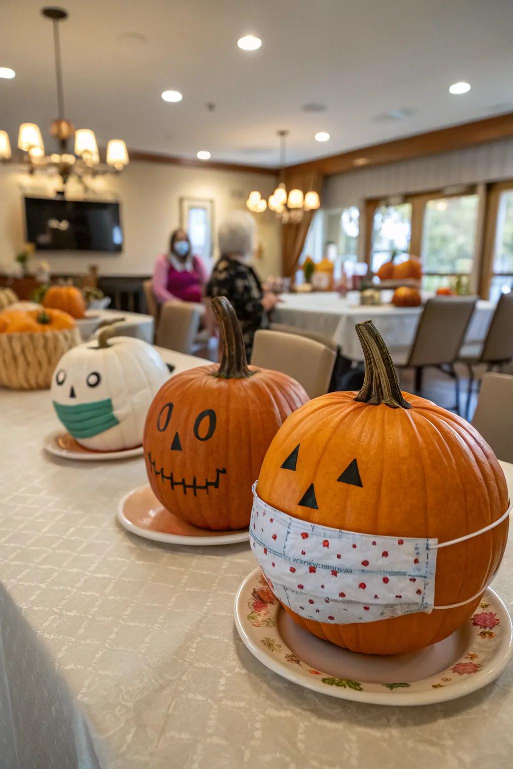 Pumpkins adorned with elegant masks for a masquerade theme.