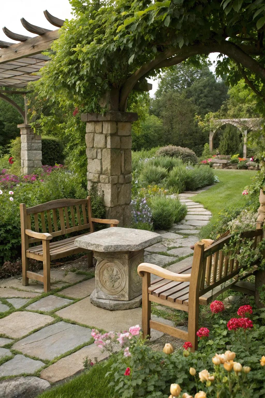 Wood and stone bring natural warmth and texture to garden settings.
