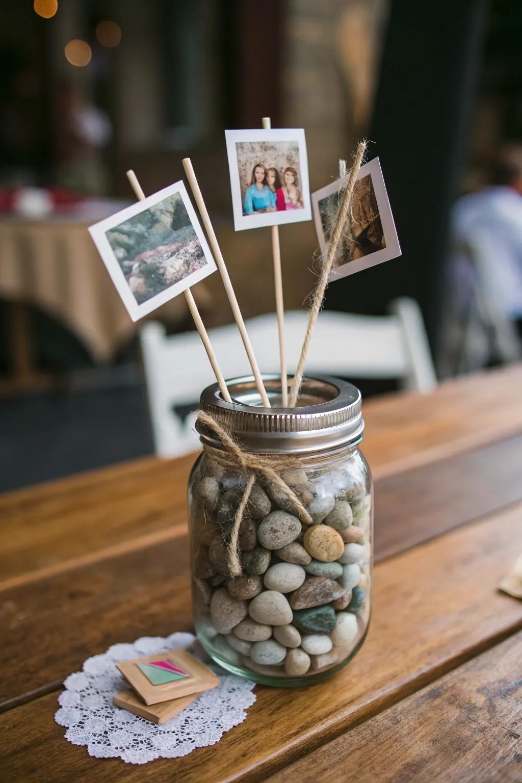 A unique photo arrangement centerpiece capturing special moments.