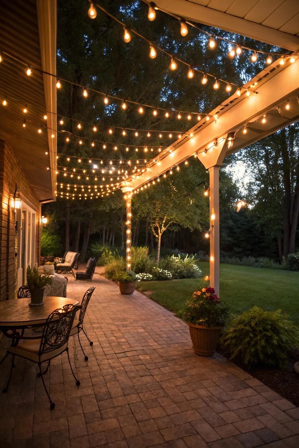 Outdoor string lights creating a magical evening atmosphere.