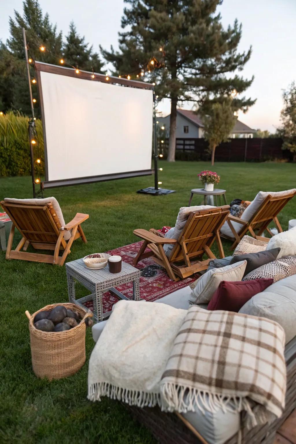 Outdoor movie screen setup for backyard entertainment.
