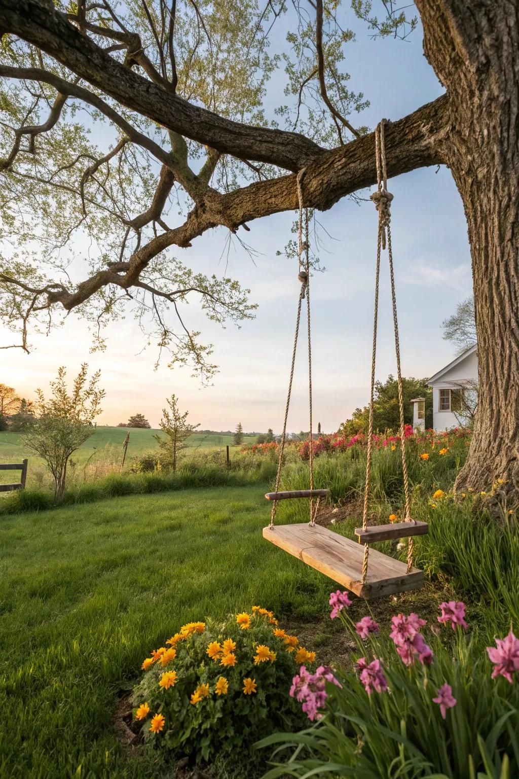Rustic wooden swing hanging from a tree, perfect for outdoor fun.