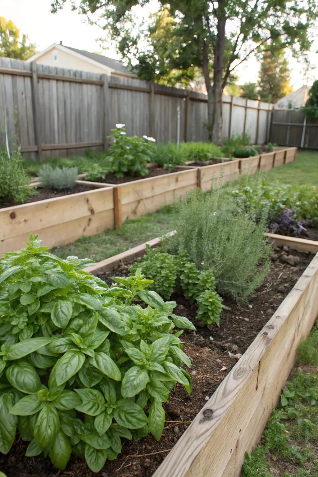 Compact herb garden with basil, mint, and rosemary.