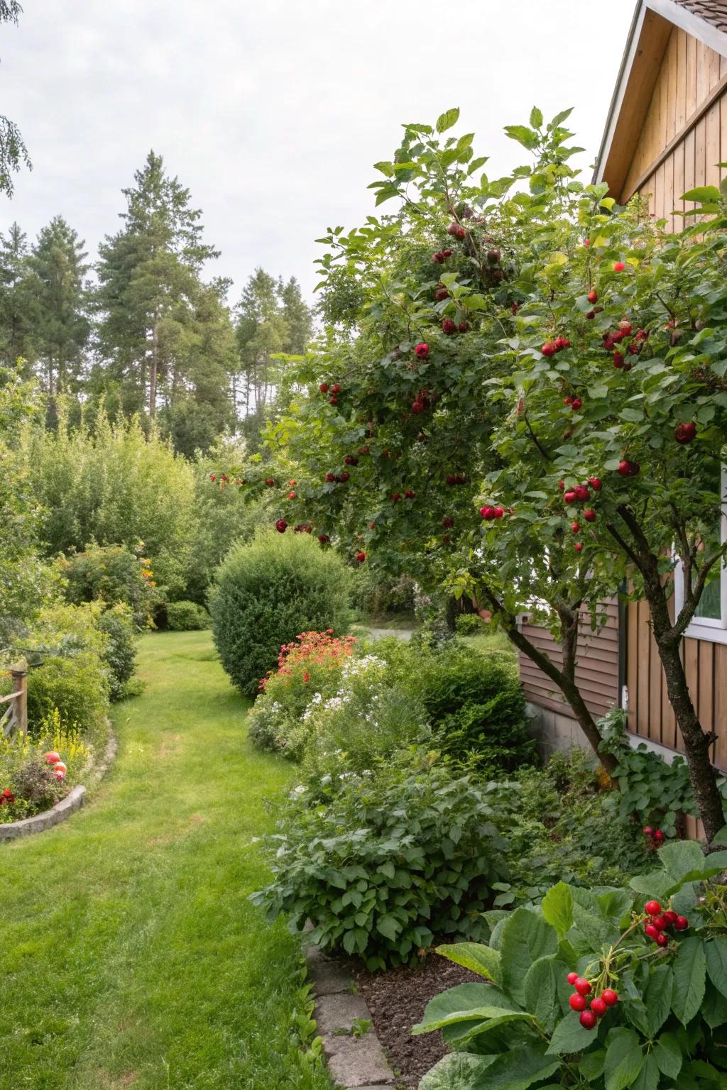 Edible landscaping with berry bushes and fruit trees.