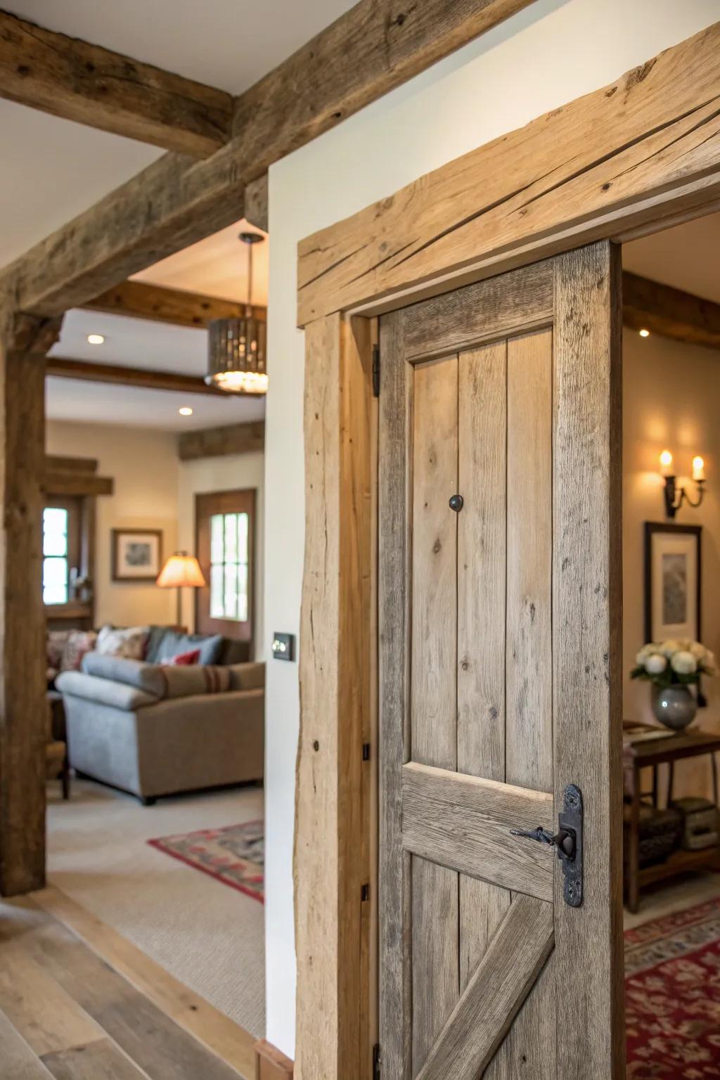 Cozy rustic wooden door trim enhancing a farmhouse-style room.