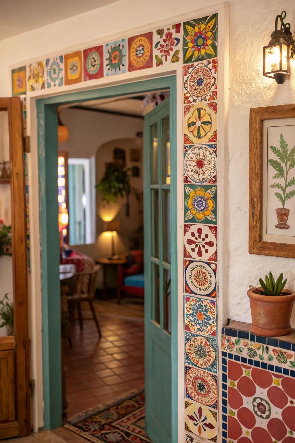 Artistic tile trim adding texture to a bohemian-inspired room.