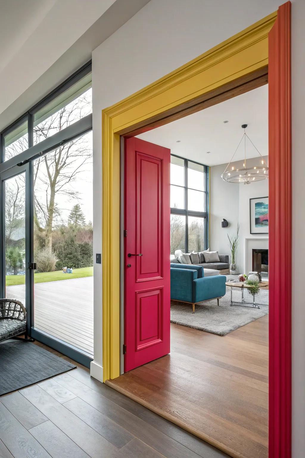 Boldly colored door trim adding energy to a modern living area.