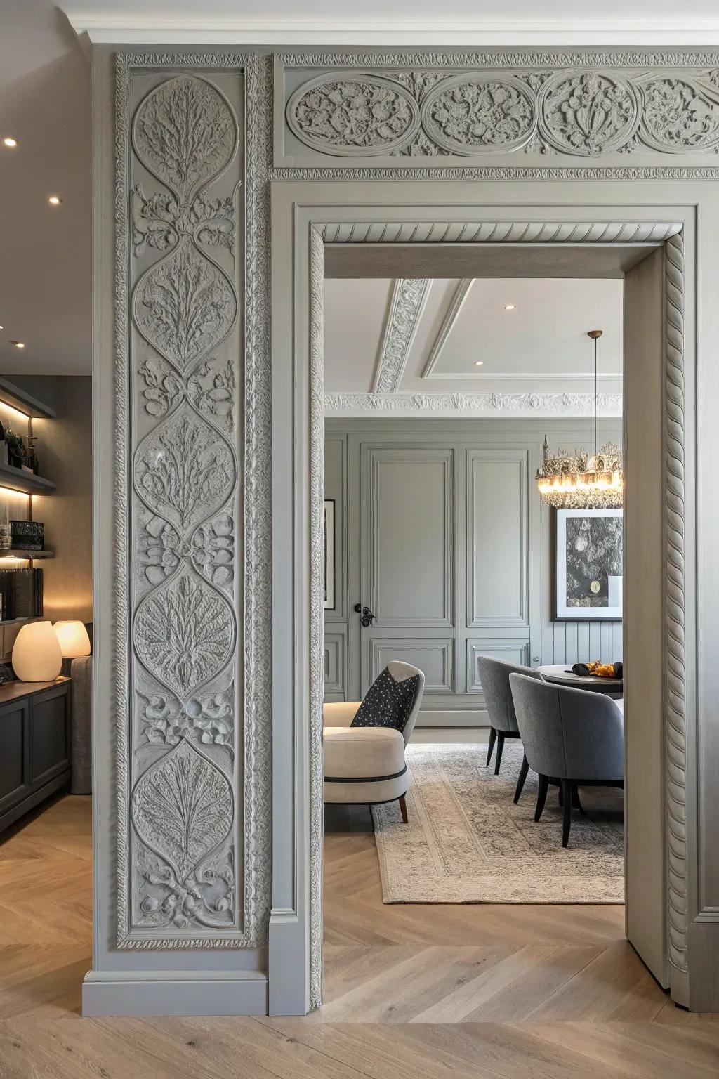 Door trims with textured finishes adding richness to a modern room.