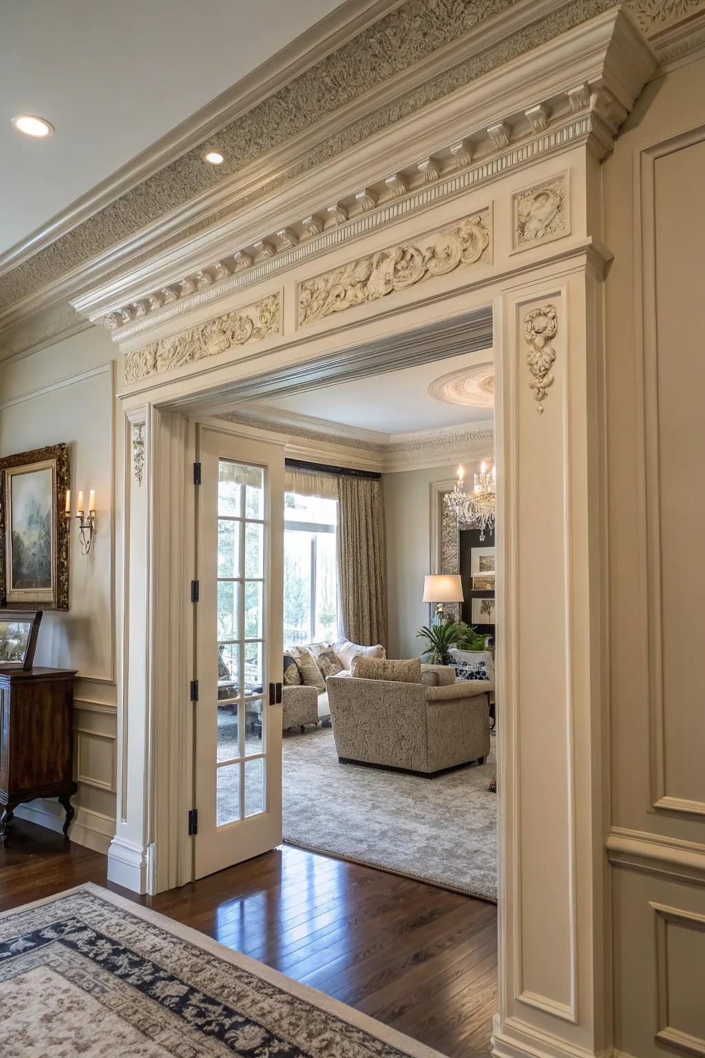 Sophisticated crown molding framing a door in an elegant living room.