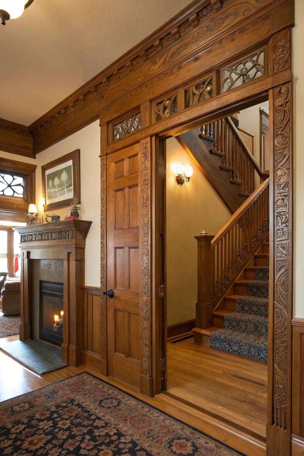 Warm craftsman-style door trim in a cozy home setting.