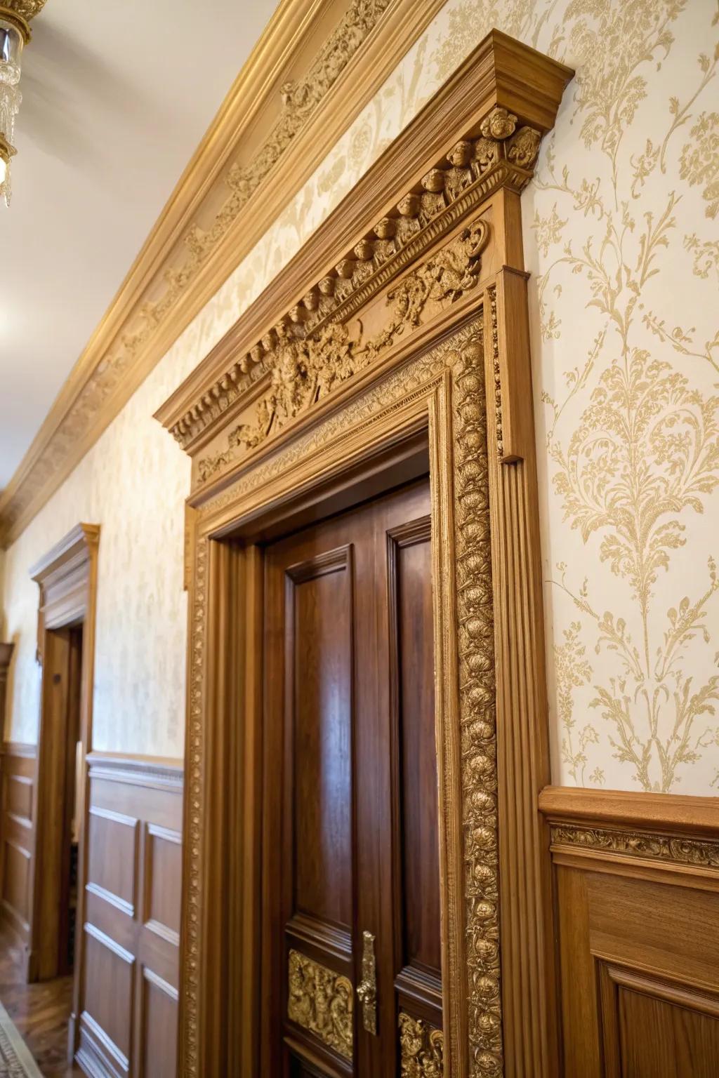 Intricate vintage mouldings on door trim in a classic interior.