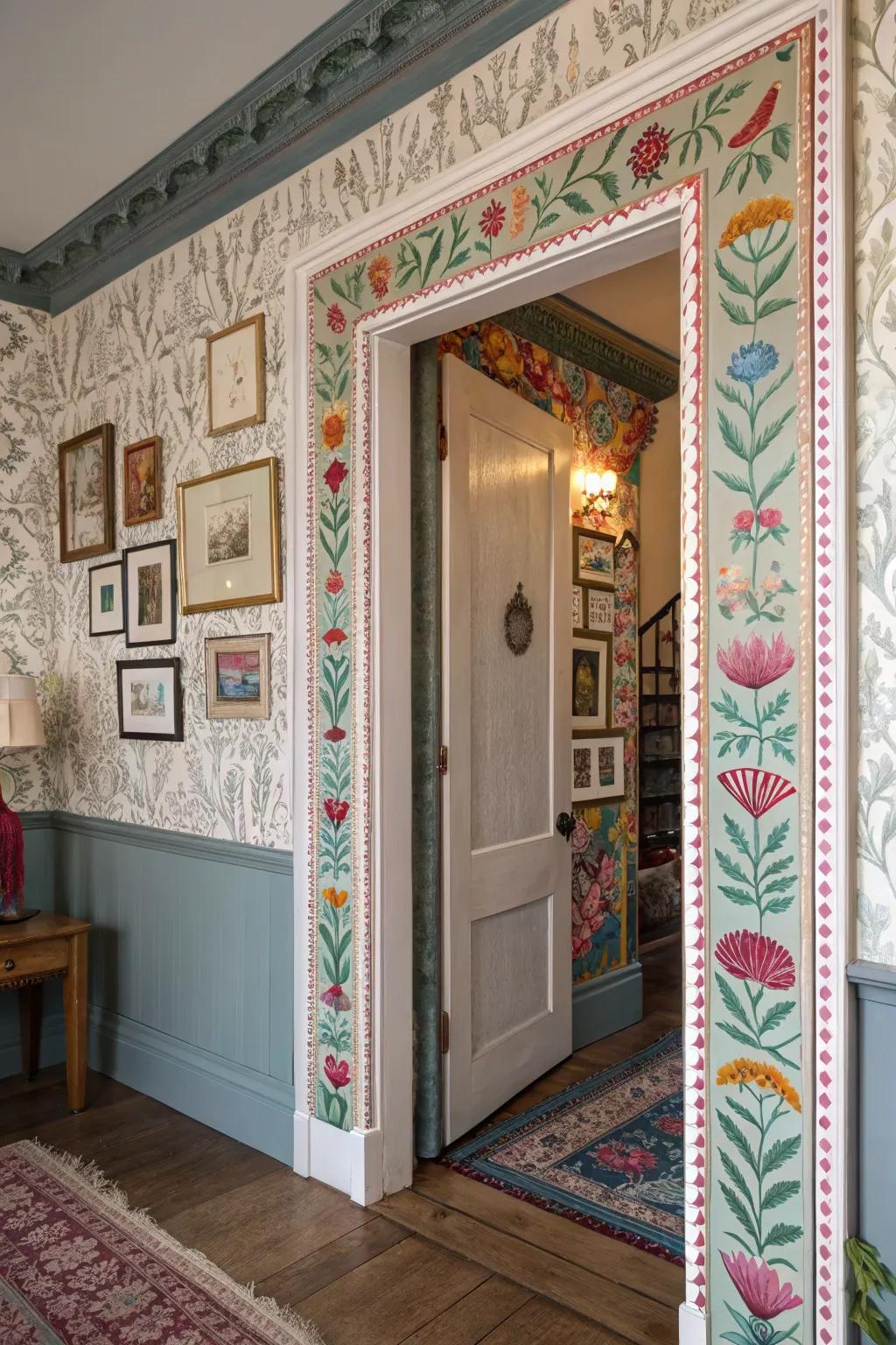 Patterned wallpaper applied inside door trims for a unique look.