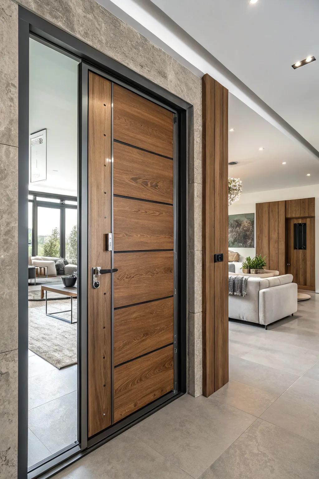 Door trims combining wood and metal for a contemporary look.