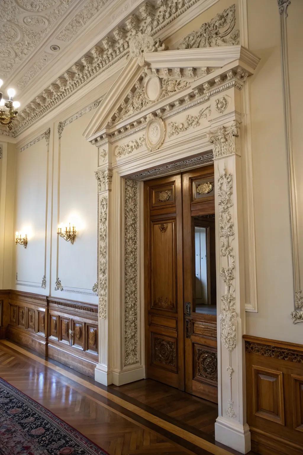 Luxurious Victorian-style ornate door trim in a classic room.